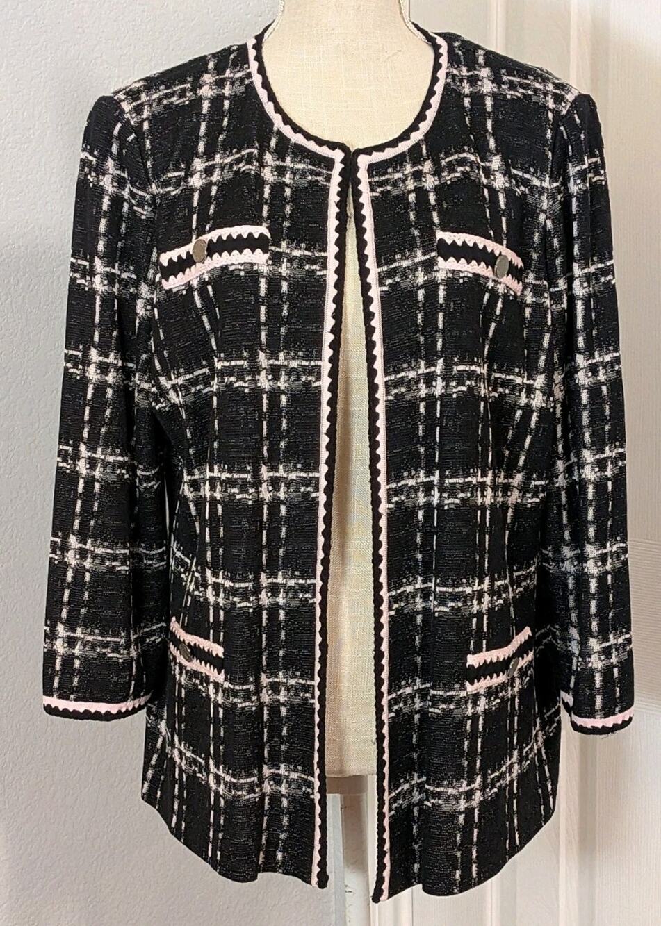 Misook Cardigan Sweater Womens Large Black Petal-Pink Knit Classic Tweed